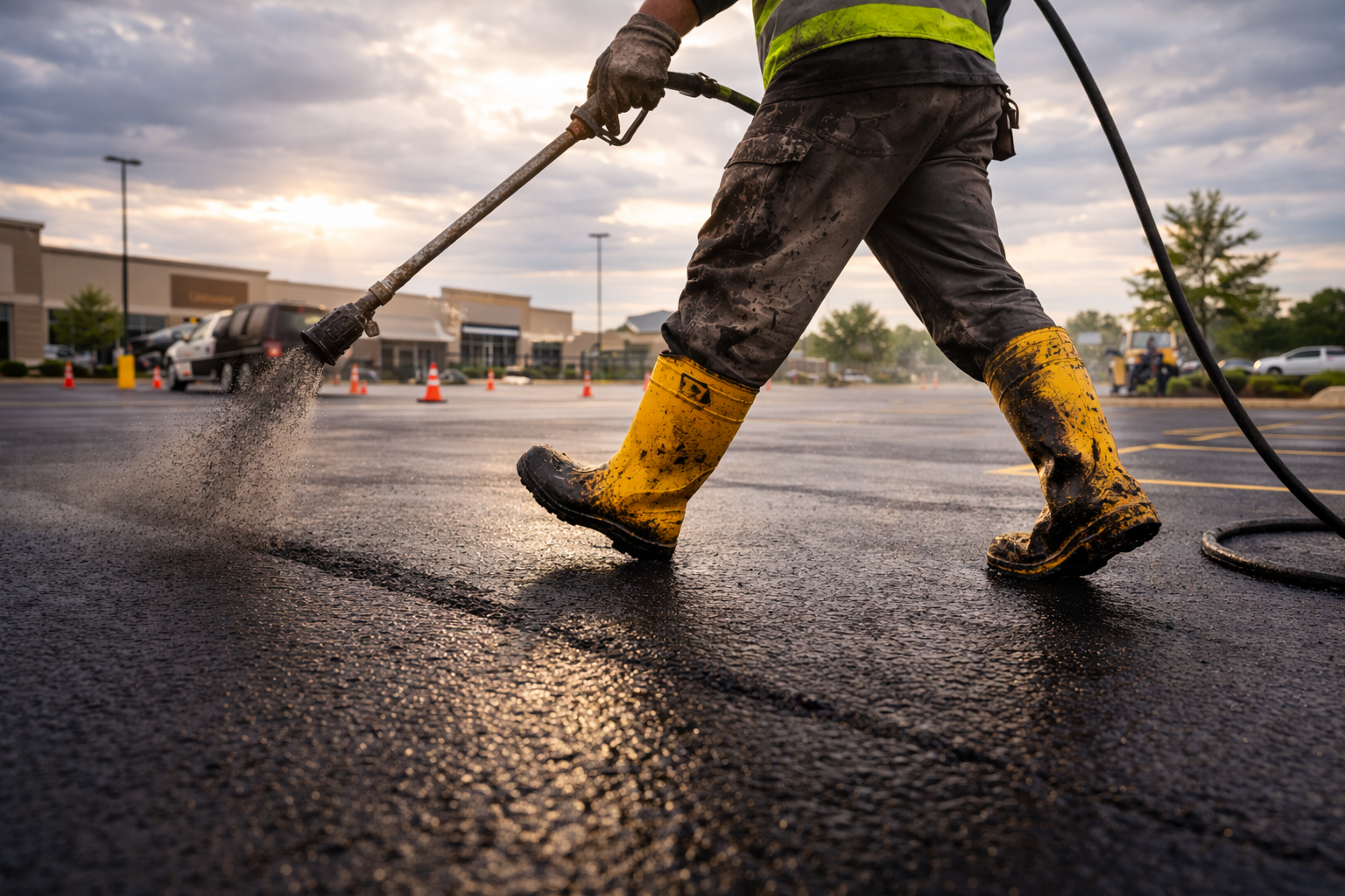 2nd coat sealcoating contractor walking with wand