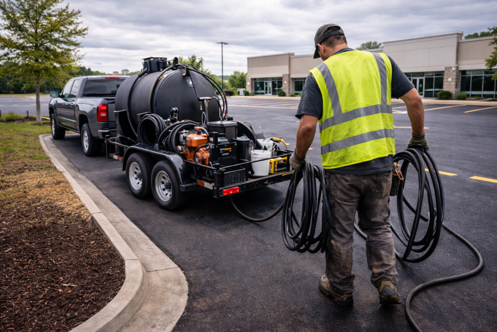 contractor rolling hoses on mishawaka parking lot