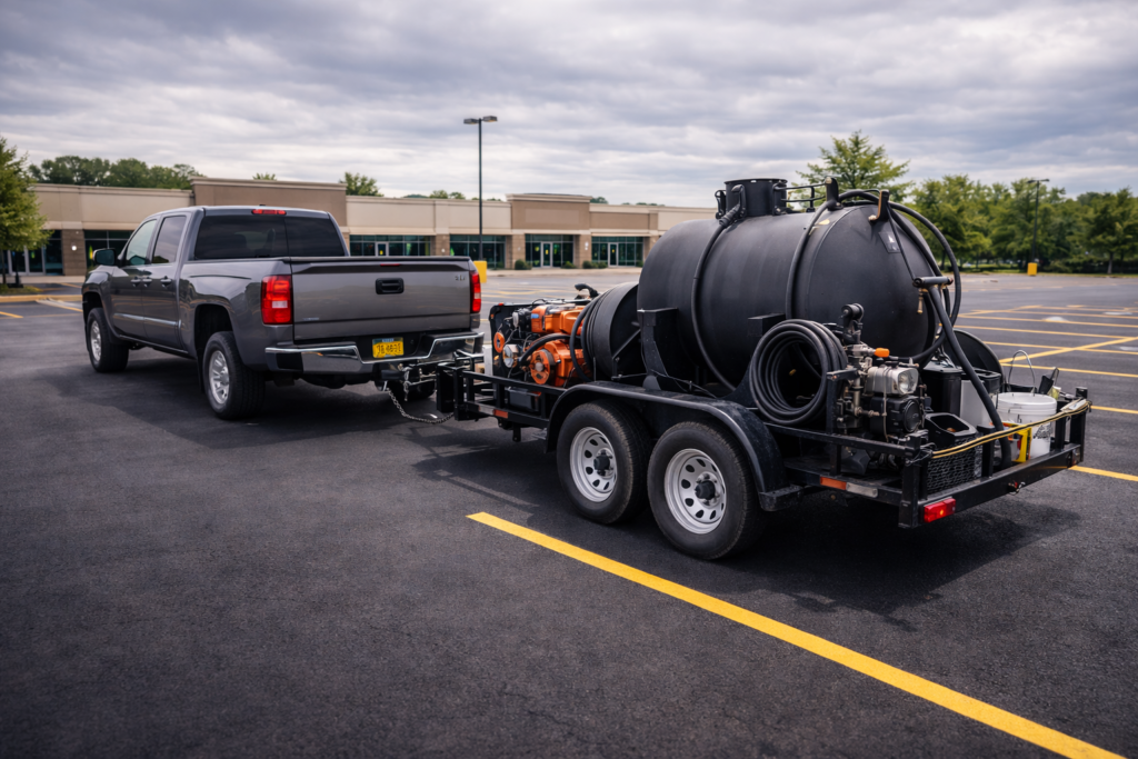 Truck and sealcoating rig in south bend parking lot after job
