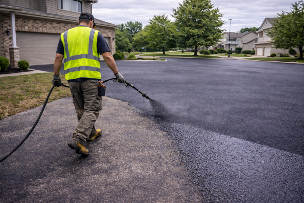Crew spraying sealcoating on driveway at home in Elkhart
