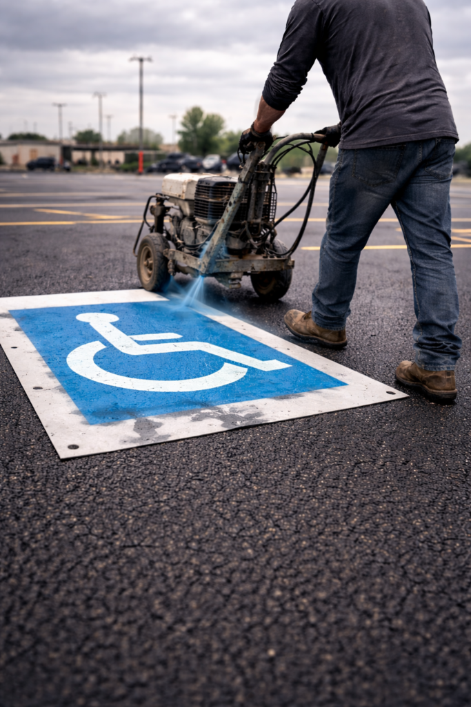 Crew paint striping a handicap spot on parking lot in elkhart